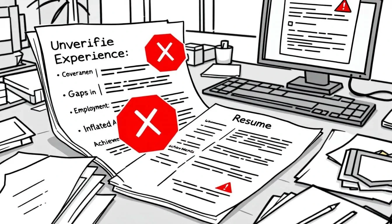 The illustration features a collection of resume pages adorned with warning signs and red flags, emphasizing the importance of keyword optimization and ATS-friendly resumes for job seekers. It highlights the need for applicants to analyze job descriptions carefully to impress hiring managers and avoid common pitfalls in resume writing.